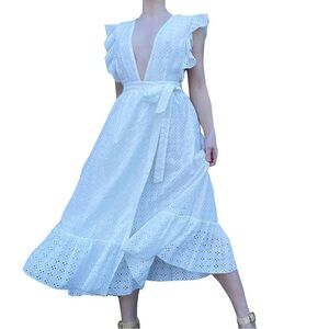 Majorelle by Revolve Plunge Neck Flutter Sleeve White Eyelet Maxi Wrap Dress S